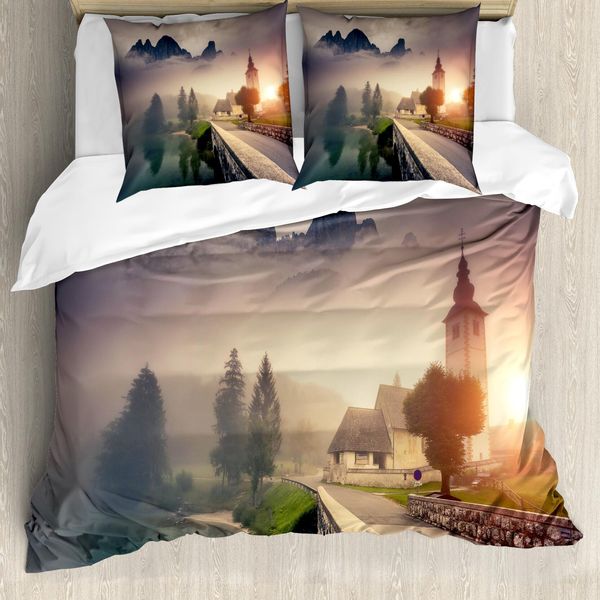Abakuhaus Copripiumino Paesaggio, Paesaggio Mattutino Nebbioso, Antiacaro, Adatto A Chi Soffre Di Allergie, Con Federe, 155 Cm X 220 Cm - 80 X 80 Cm, Beige Grigio-image