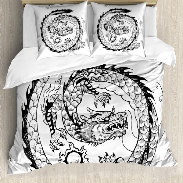 Abakuhaus Copripiumino Drachen, Giapponese, Antiacaro, Adatto A Chi Soffre Di Allergie, Con Federe, 200 Cm X 200 Cm - 80 X 80 Cm, Bianco E Nero-image