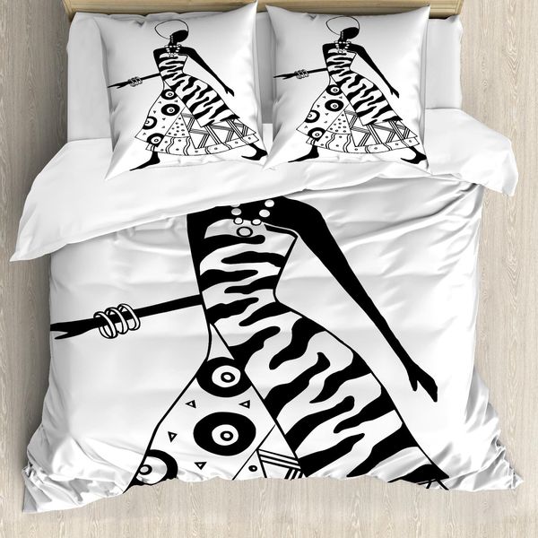 Abakuhaus Copripiumino Africano, Tribale Locale, Antiacaro, Adatto A Chi Soffre Di Allergie, Con Federe, 155 Cm X 220 Cm - 80 X 80 Cm, Bianco E Nero-image