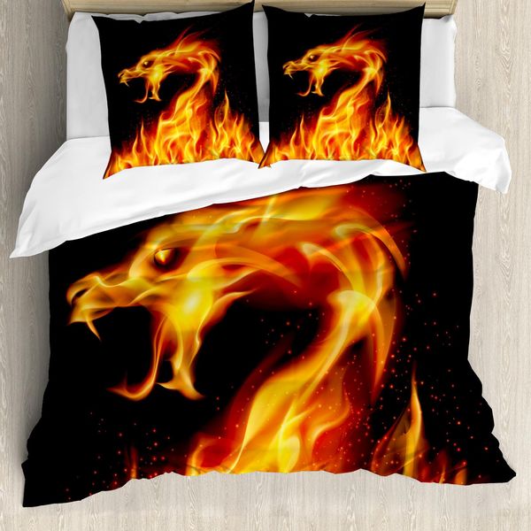 Abakuhaus Copripiumino Drachen, Motivo Fiery Creature, Antiacaro, Adatto A Chi Soffre Di Allergie, Con Federe, 200 Cm X 200 Cm - 80 X 80 Cm, Arancione E Nero-image