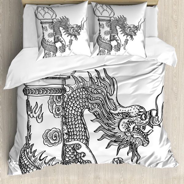 Abakuhaus Copripiumino Drachen, Chinese Creature, Antiacaro, Adatto A Chi Soffre Di Allergie, Con Federe, 155 Cm X 220 Cm - 80 X 80 Cm, Bianco E Nero-image