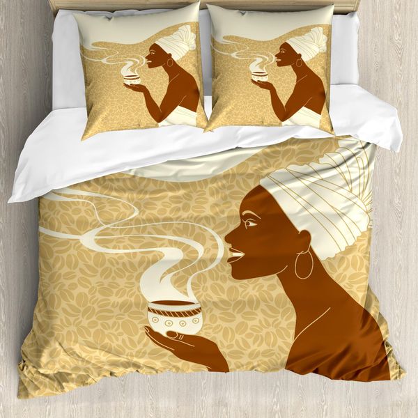 Abakuhaus Copripiumino Africano, Happy Afro Lady, Antiacaro, Adatto A Chi Soffre Di Allergie, Con Federe, 200 Cm X 200 Cm - 80 X 80 Cm, Marrone Chiaro, Marrone Chiaro, Crema-image