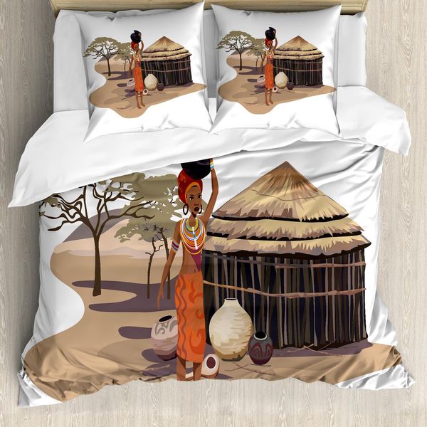 Abakuhaus Copripiumino Africano, Donna Con Pentola, Antiacaro, Adatto A Chi Soffre Di Allergie, Con Federe, 155 Cm X 220 Cm - 80 X 80 Cm, Multicolore-image