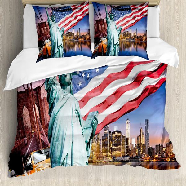 Abakuhaus Stati Uniti Copripiumino, Usa Touristic Concept, Antiacaro, Adatto A Chi Soffre Di Allergie, Con Federe, 155 Cm X 220 Cm - 80 X 80 Cm, Multicolore-image