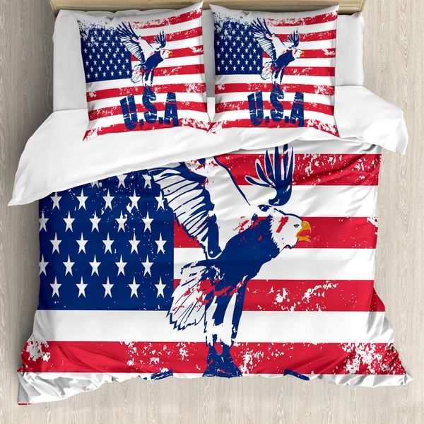Abakuhaus Stati Uniti Copripiumino, Bandiera Americana, Antiacaro, Adatto A Chi Soffre Di Allergie, Con Federe, 200 Cm X 200 Cm - 80 X 80 Cm, Blu Navy, Bianco, Rosso-image