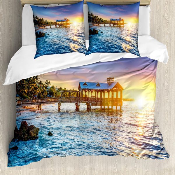 Abakuhaus Stati Uniti Copripiumino, Florida Beach, Antiacaro, Adatto A Chi Soffre Di Allergie, Con Federe, 200 Cm X 200 Cm - 80 X 80 Cm, Azzurro, Giallo, Verde-image