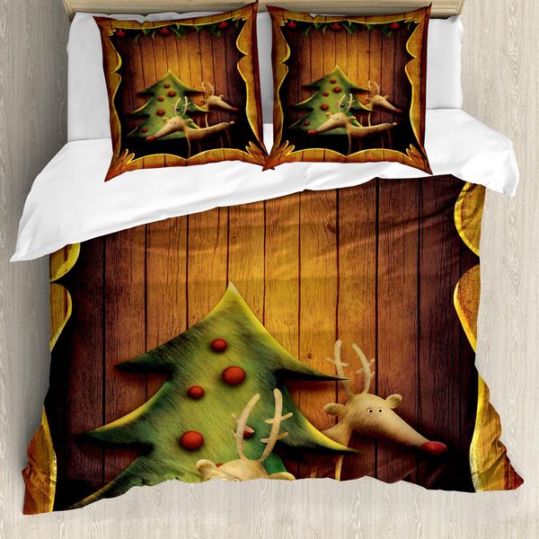 Abakuhaus Copripiumino Natalizio, Cornice In Legno Con Alce, Antiacaro, Adatto A Chi Soffre Di Allergie, Con Federe, 155 Cm X 220 Cm - 80 X 80 Cm, Marrone, Verde, Rosso-image