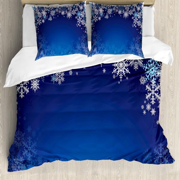 Abakuhaus Copripiumino Natalizio, Fiocchi Di Neve Assortiti, Antiacaro, Adatto A Chi Soffre Di Allergie, Con Federe, 155 Cm X 220 Cm - 80 X 80 Cm, Azzurro Pallido Blu Navy-image