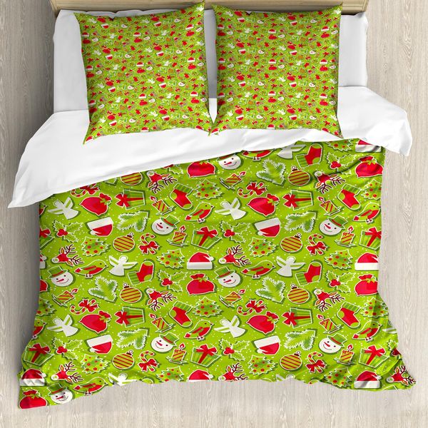 Abakuhaus Set Copripiumino Natalizio Per Letti Matrimoniali, Iconografie Natalizie Festive, Antiacaro, Adatto A Chi Soffre Di Allergie, Con Federe, Verde Mela, Bianco E Rosso-image
