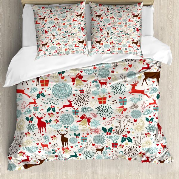 Abakuhaus Set Copripiumino Natalizio Per Letti Matrimoniali, Icone Natalizie Vintage, Antiacaro, Adatto A Chi Soffre Di Allergie, Con Federe, Blu Petrolio, Marrone E Rosso-image
