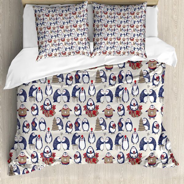 Abakuhaus Copripiumino Natalizio, Grunge Penguins Boxes, Antiacaro E Anallergico, Con Federe, 155 Cm X 220 Cm - 80 X 80 Cm, Blu Navy-Bianco Umber-image