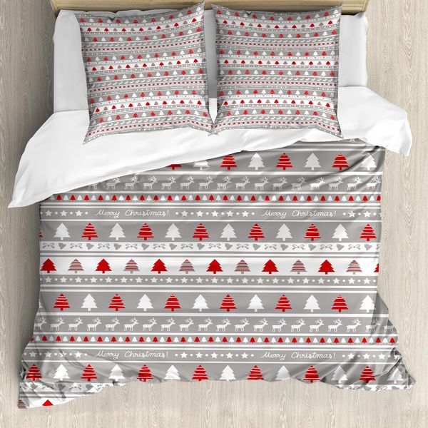 Abakuhaus Copripiumino Natalizio, Bordi Con Alberi E Cervi, Antiacaro E Anallergico, Con Federe, 155 Cm X 220 Cm - 80 X 80 Cm, Grigio, Bianco E Rosso-image