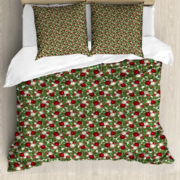 Abakuhaus Copripiumino Natalizio, Palline Holly Alt, Antiacaro, Adatto A Chi Soffre Di Allergie, Con Federe, 155 Cm X 220 Cm - 80 X 80 Cm, Rosso, Verde, Grigio-image