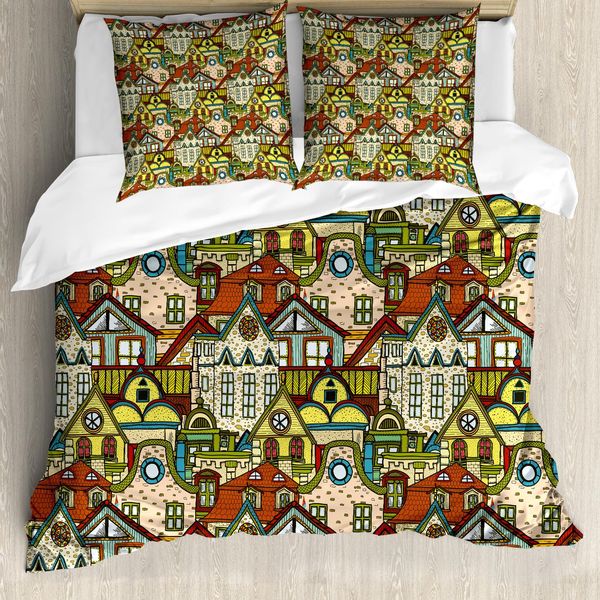 Copripiumino Abakuhaus Retro, Città Vecchia Colorata, Antiacaro, Adatto A Chi Soffre Di Allergie, Con Federe, 155 Cm X 220 Cm - 80 X 80 Cm, Multicolore-image