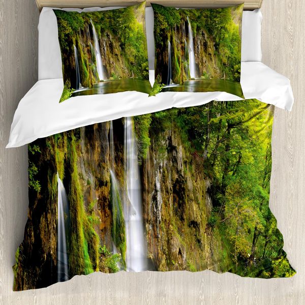 Abakuhaus Copripiumino Naturale, Majestic Wasserfall Fluss, Antiacaro, Adatto A Chi Soffre Di Allergie, Con Federe, 200 Cm X 200 Cm - 80 X 80 Cm, Verde Marrone Bianco-image