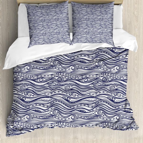 Abakuhaus Copripiumino Tribale, Linee Vintage, Antiacaro, Adatto A Chi Soffre Di Allergie, Con Federe, 155 Cm X 220 Cm - 80 X 80 Cm, Blu Scuro E Bianco-image