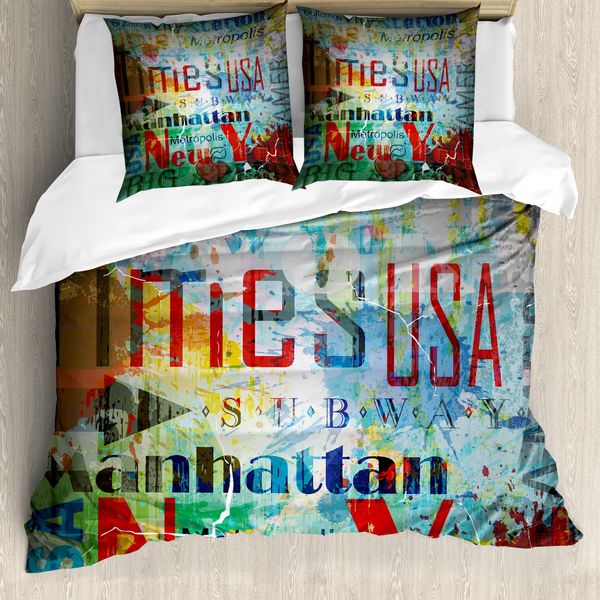 Abakuhaus New York Copripiumino, Grunge Parole Cultura, Antiacaro Adatto A Chi Soffre Di Allergie Con Federe, 200 Cm X 200 Cm - 80 X 80 Cm, Multicolore-image