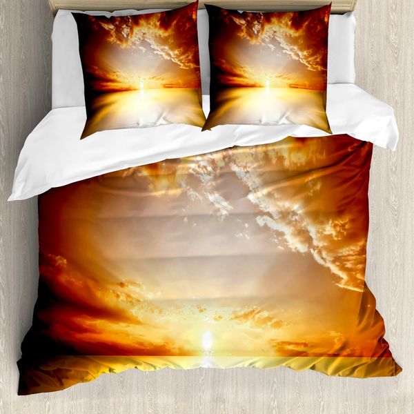 Abakuhaus Set Copripiumino Per Letti Matrimoniali, Tranquillo Tramonto All'orizzonte, Antiacaro Adatto A Chi Soffre Di Allergie Con Federe, Arancione Scuro Giallo-image
