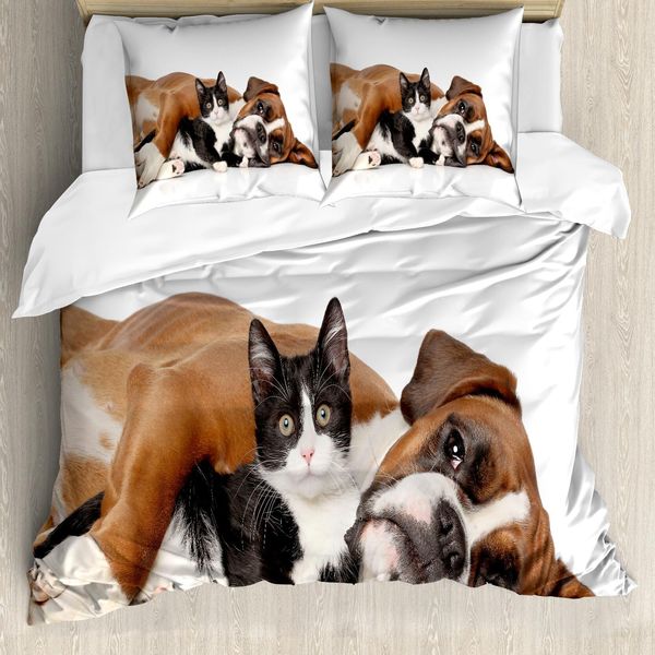 Abakuhaus Copripiumino Divertente, Gatto Cane Amicizia, Antiacaro Adatto A Chi Soffre Di Allergie Con Federe, 155 Cm X 220 Cm - 80 X 80 Cm, Marrone Nero Bianco-image