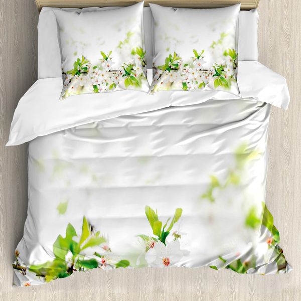 Abakuhaus Copripiumino Blume, Fiori Primaverili Bianchi, Antiacaro, Adatto A Chi Soffre Di Allergie, Con Federe, 155 Cm X 220 Cm - 80 X 80 Cm, Bianco Verde-image