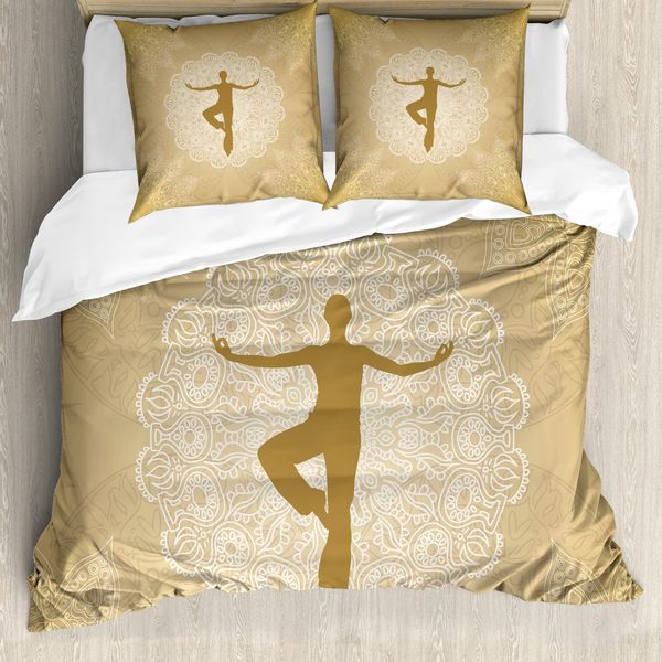 Abakuhaus Copripiumino Yoga, Mandala Man Posture, Antiacaro, Adatto A Chi Soffre Di Allergie, Con Federe, 200 Cm X 200 Cm - 80 X 80 Cm, Marrone Sabbia E Bianco-image