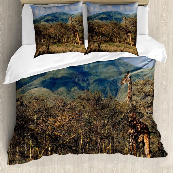 Abakuhaus Copripiumino Zoo, Giraffa Alberi Africa Safari, Antiacaro, Adatto A Chi Soffre Di Allergie, Con Federe, 200 Cm X 200 Cm - 80 X 80 Cm, Verde Blu Marrone Chiaro-image