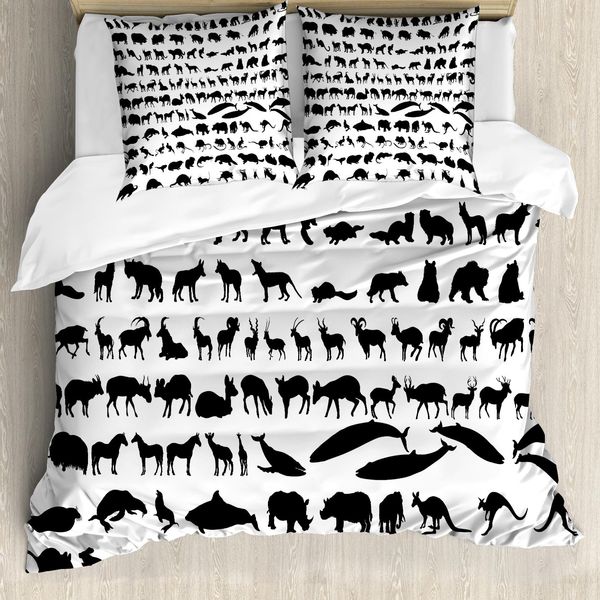 Abakuhaus Copripiumino Zoo, Silhouette Di Animali Habitat, Antiacaro, Adatto A Chi Soffre Di Allergie, Con Federe, 200 Cm X 200 Cm - 80 X 80 Cm, Bianco E Nero-image