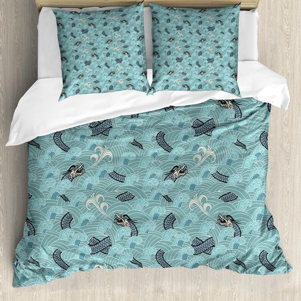 Abakuhaus Copripiumino Giapponese, Seedrache, Antiacaro, Adatto A Chi Soffre Di Allergie, Con Federe, 155 Cm X 220 Cm - 80 X 80 Cm, Bianco, Verde Acqua E Grigio-image