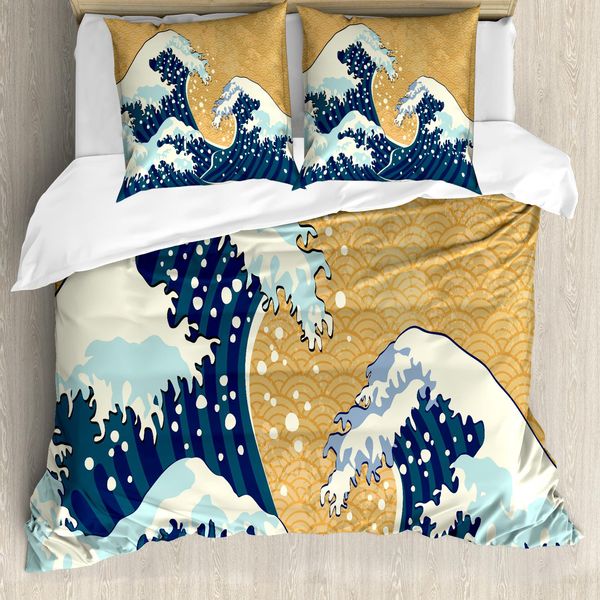 Abakuhaus Copripiumino Giapponese, SchäUmende Sea Storm, Antiacaro, Adatto A Chi Soffre Di Allergie, Con Federe, 200 Cm X 200 Cm - 80 X 80 Cm, Terra Giallo Blu Scuro-image
