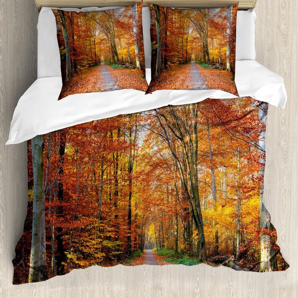Abakuhaus Copripiumino Fallen, Pathway Con Alberi Luminosi, Antiacaro, Adatto A Chi Soffre Di Allergie, Con Federe, 200 Cm X 200 Cm - 80 X 80 Cm, Arancione Giallo-Verde-image