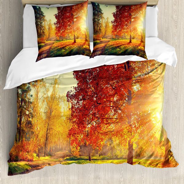 Abakuhaus Copripiumino Fallen, Giornata Nebbiosa Nella Foresta, Antiacaro, Adatto A Chi Soffre Di Allergie, Con Federe, 155 Cm X 220 Cm - 80 X 80 Cm, Arancione Giallo-Verde-image