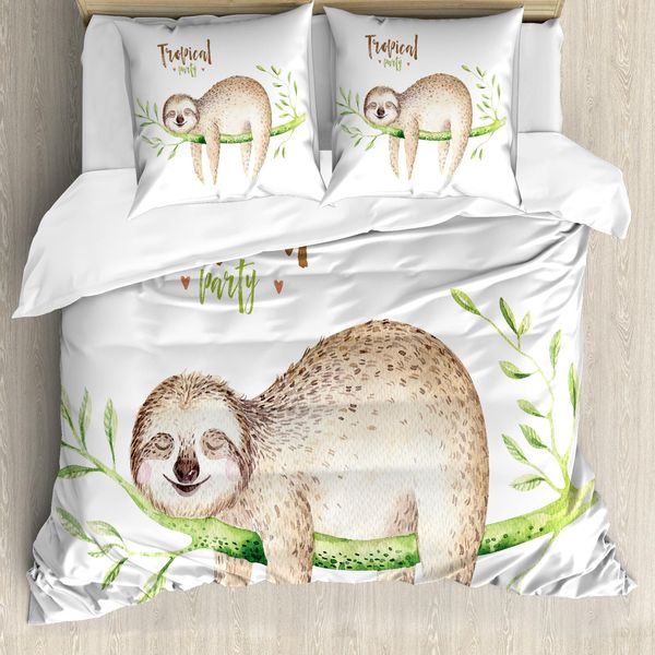 Abakuhaus Copripiumino Pigro, Cucciolo Su Palma, Antiacaro Adatto A Chi Soffre Di Allergie Con Federe, 155 Cm X 220 Cm - 80 X 80 Cm, Marrone Chiaro Verde-image