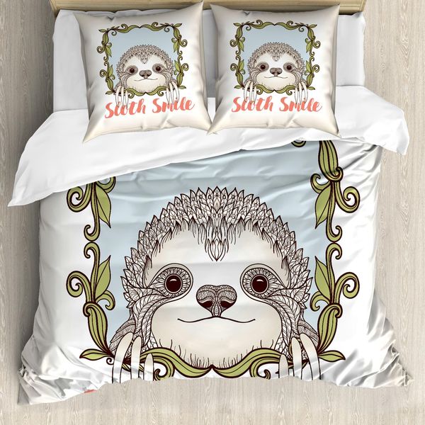 Abakuhaus Set Copripiumino Per Letti Matrimoniali, Grazioso Motivo Floreale Con Animali, Antiacaro E Anallergico, Con Federe, Arancione, Verde Oliva, Bianco-image