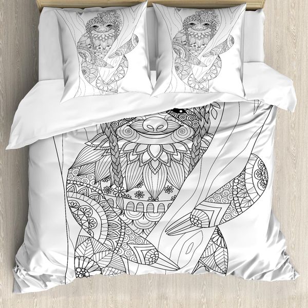 Abakuhaus Copripiumino Faultier, Dettagli Floreali E Animali, Antiacaro, Adatto A Chi Soffre Di Allergie, Con Federe, 155 Cm X 220 Cm - 80 X 80 Cm, Bianco E Nero-image