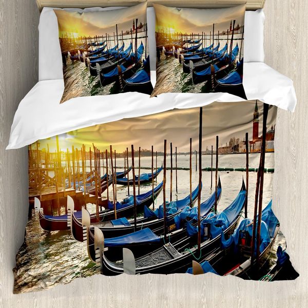 Abakuhaus Venezia Copripiumino, Linea Gondole Sull'acqua, Antiacaro, Adatto A Chi Soffre Di Allergie, Con Federe, 155 Cm X 220 Cm - 80 X 80 Cm, Blu Giallo-image