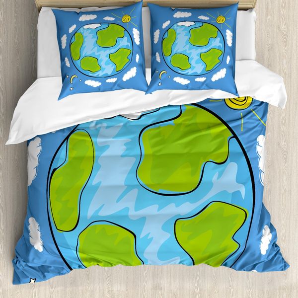 Abakuhaus Copripiumino, Disegno Infantile Del Pianeta, Antiacaro, Adatto A Chi Soffre Di Allergie, Con Federe, 155 Cm X 220 Cm - 80 X 80 Cm, Blu, Verde, Bianco-image