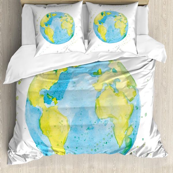 Abakuhaus Copripiumino, Stile Acquerello Planet, Antiacaro, Adatto A Chi Soffre Di Allergie, Con Federe, 200 Cm X 200 Cm - 80 X 80 Cm, Verde Blu-image