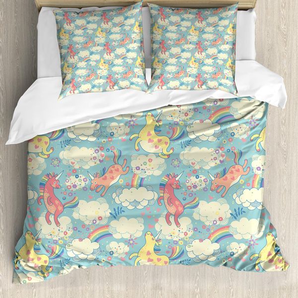 Abakuhaus Copripiumino Pastello, Unicorno Arcobaleno Nel Cielo, Antiacaro, Adatto A Chi Soffre Di Allergie, Con Federe, 200 Cm X 200 Cm - 80 X 80 Cm, Multicolore-image