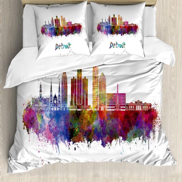Abakuhaus Detroit Copripiumino, Acquerello Artistico Skyline, Antiacaro, Adatto A Chi Soffre Di Allergie, Con Federe, 155 Cm X 220 Cm - 80 X 80 Cm, Multicolore-image