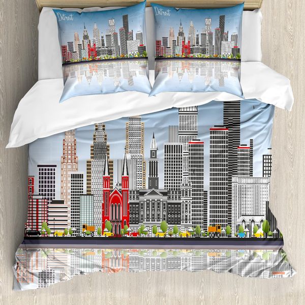Abakuhaus Detroit Copripiumino, Panorama Urbano Grattacieli, Antiacaro, Adatto A Chi Soffre Di Allergie, Con Federe, 155 Cm X 220 Cm - 80 X 80 Cm, Multicolore-image