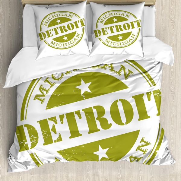 Abakuhaus Detroit Copripiumino, Stampa Grunge Retrò, Antiacaro, Adatto A Chi Soffre Di Allergie, Con Federe, 200 Cm X 200 Cm - 80 X 80 Cm, Verde Oliva Bianco-image