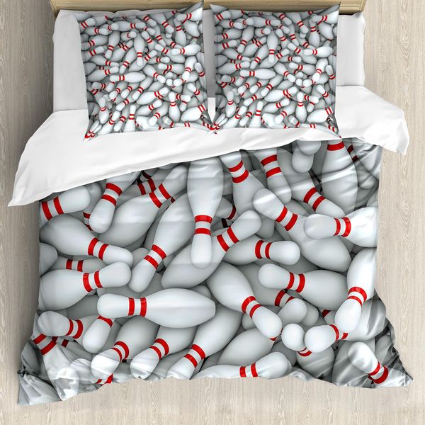 Abakuhaus Copripiumino Bowling Party, Vivid Pins Pile, Antiacaro E Anallergico, Con Federe, 155 Cm X 220 Cm - 80 X 80 Cm, Rosso E Bianco-image