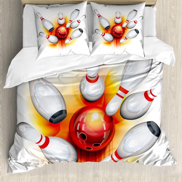 Abakuhaus Copripiumino Bowling Party, Red Ball Spread-Pins, Antiacaro E Anallergico, Con Federe, 155 Cm X 220 Cm - 80 X 80 Cm, Rosso Arancione Bianco-image