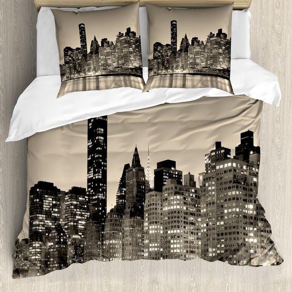 Abakuhaus New York Copripiumino, Manhattan City Night, Antiacaro, Adatto A Chi Soffre Di Allergie, Con Federe, 155 Cm X 220 Cm - 80 X 80 Cm, Nero Seppia-image