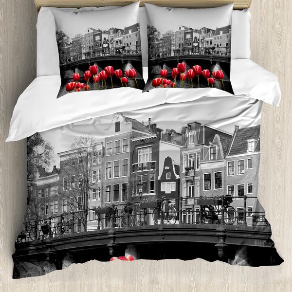 Abakuhaus Copripiumino Bianco E Nero, Amsterdam Canal, Antiacaro, Adatto A Chi Soffre Di Allergie, Con Federe, 200 Cm X 200 Cm - 80 X 80 Cm, Nero, Bianco E Rosso-image