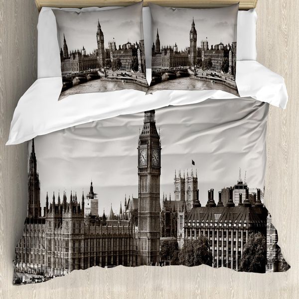 Abakuhaus London Copripiumino, Westminster Con Big Ben, Antiacaro, Adatto A Chi Soffre Di Allergie, Con Federe, 155 Cm X 220 Cm - 80 X 80 Cm, Bianco Seppia-image