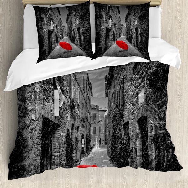 Abakuhaus Set Copripiumino Romantico Per Letti Matrimoniali, Foto Ombrello Toscana, Antiacaro, Adatto A Chi Soffre Di Allergie, Con Federe, Rosso Cinabro Grigio-image