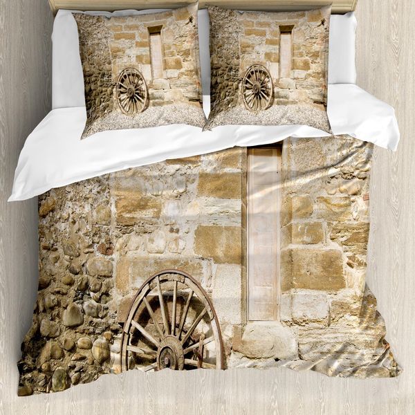 Abakuhaus Copripiumino Stall-Holz-Wagon Wheel, Stile Country, Antiacaro, Adatto A Chi Soffre Di Allergie, Con Federe, 200 Cm X 200 Cm - 80 X 80 Cm, Marrone Chiaro-image