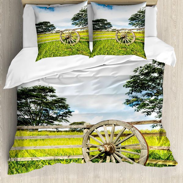 Abakuhaus Copripiumino Stall-Holz-Wagon Wheel, Prato Verde, Antiacaro, Adatto A Chi Soffre Di Allergie, Con Federe, 155 Cm X 220 Cm - 80 X 80 Cm, Multicolore-image