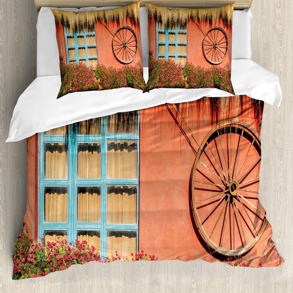 Abakuhaus Copripiumino Stall-Holz-Wagon Wheel, Stile Country, Antiacaro, Adatto A Chi Soffre Di Allergie, Con Federe, 155 Cm X 220 Cm - 80 X 80 Cm, Multicolore-image